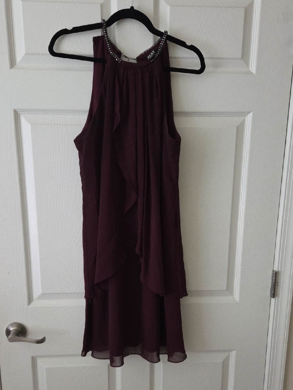 Sleeveless Beaded Halter Ruffle Dress - Plum